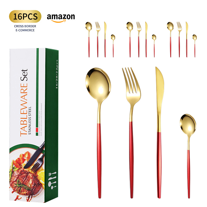 Vajilla de acero inoxidable transfronterizo Amazon 16 piezas conjunto tenedor y cuchara comida occidental Portugal cuatro piezas conjunto cuchillo, tenedor y cuchara traje regalo