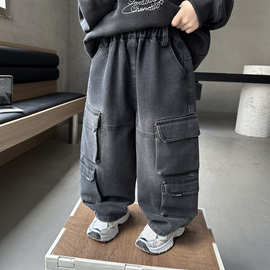 男童秋季黑灰工装牛仔裤2026新款儿童宽松阔腿裤男孩休闲牛仔长裤