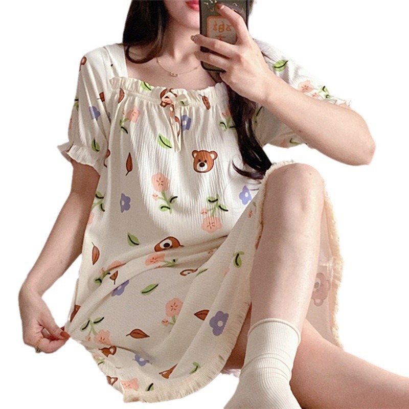 Verano dulce vestido de pijama de dibujos animados vestido de mujer lindo ocio suelto algodón vestido de pijama comercio exterior al por mayor