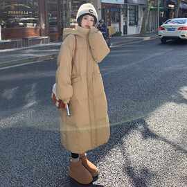 卡其色连帽长款羽绒服女冬季2025新款韩版宽松加厚鸭绒面包服外套