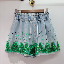 2024夏季欧货新款重工镶钻钉珠绿色亮片高腰显瘦阔腿牛仔短裤女