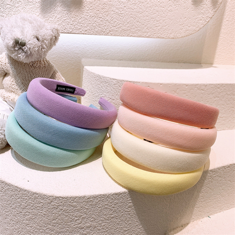 Korean-style macaron cream-colored sponge hairband, sweet & adorable wide-brimmed headband for girls, kids' fabric hair clip, fashion headwear