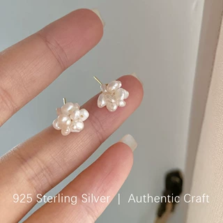 s925纯银天然淡水珍珠耳钉法式中古轻奢风不规则米粒时尚个性耳饰