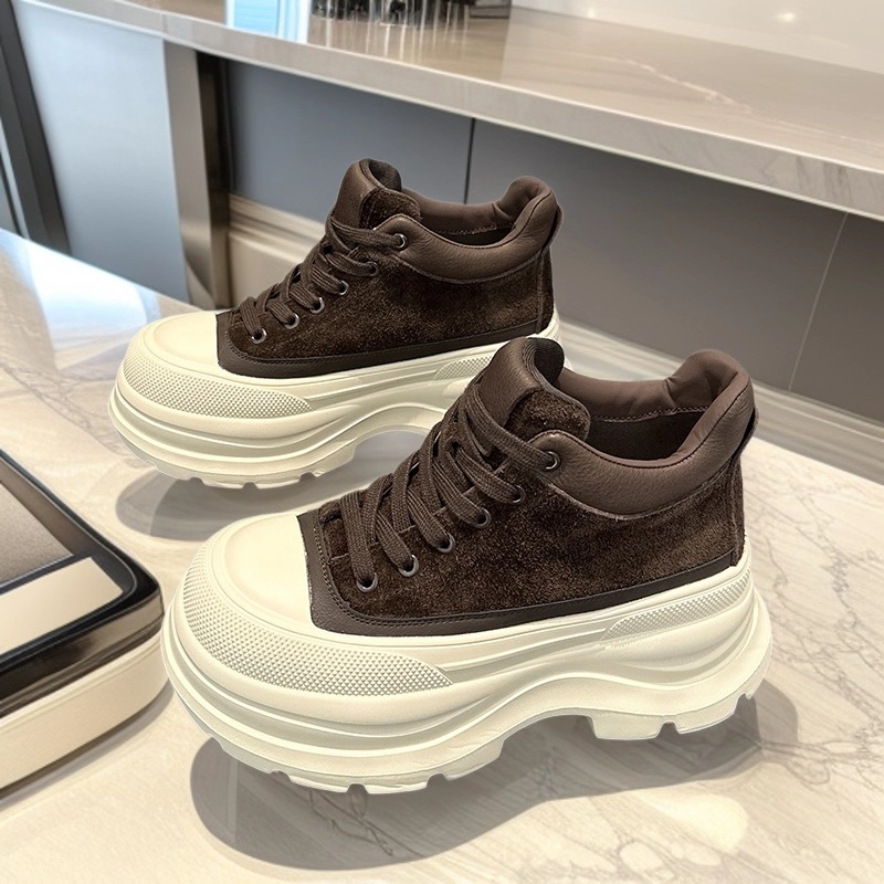 头层牛皮高帮女鞋2025秋冬新款松糕跟厚底百搭加绒保暖棕色休闲鞋