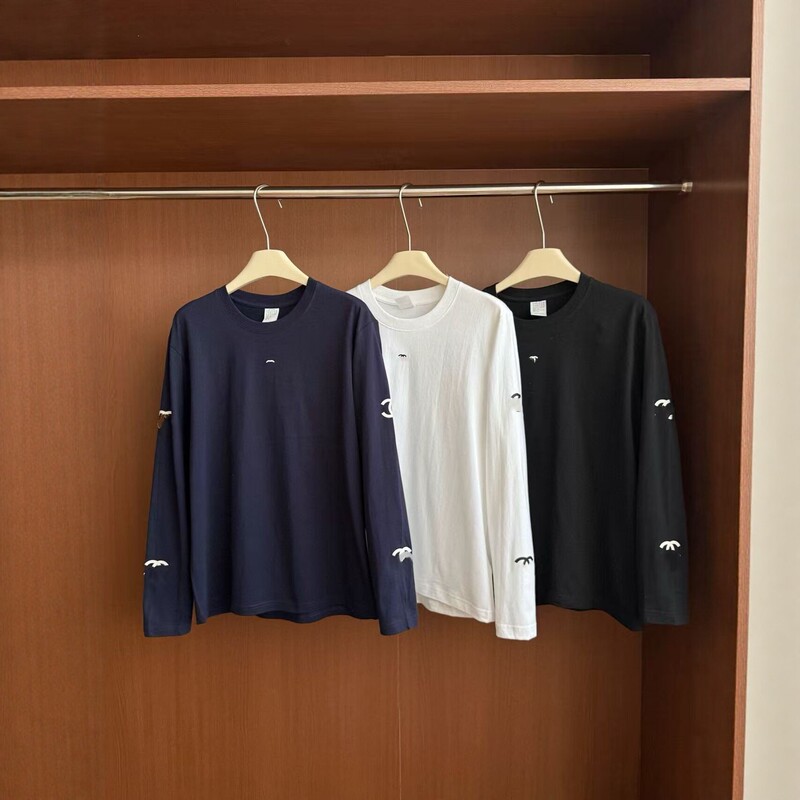 Ch Chanel-Style 2026 New Embroidered Long-Sleeve T-Shirt for Women, Loose Fit, Versatile, Solid Color, Casual Sun-Protective Top, Trendy