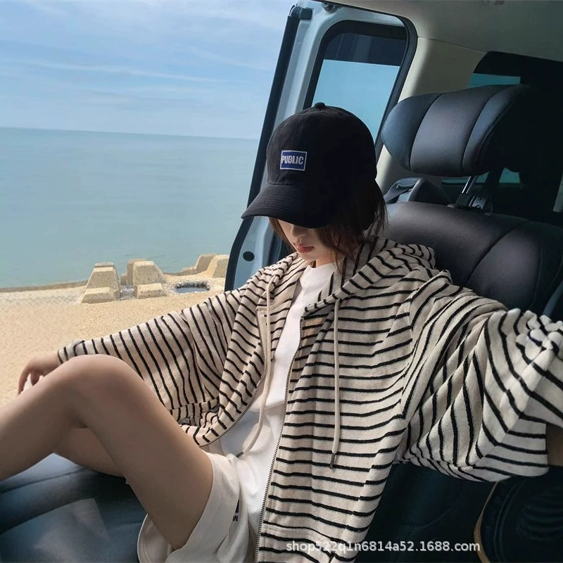 Американский полосатый с капюшоном ленивый ветер куртка женский тонкий маленький мужчина весной и осенью свободный кардиган с длинными рукавами свитер оптом