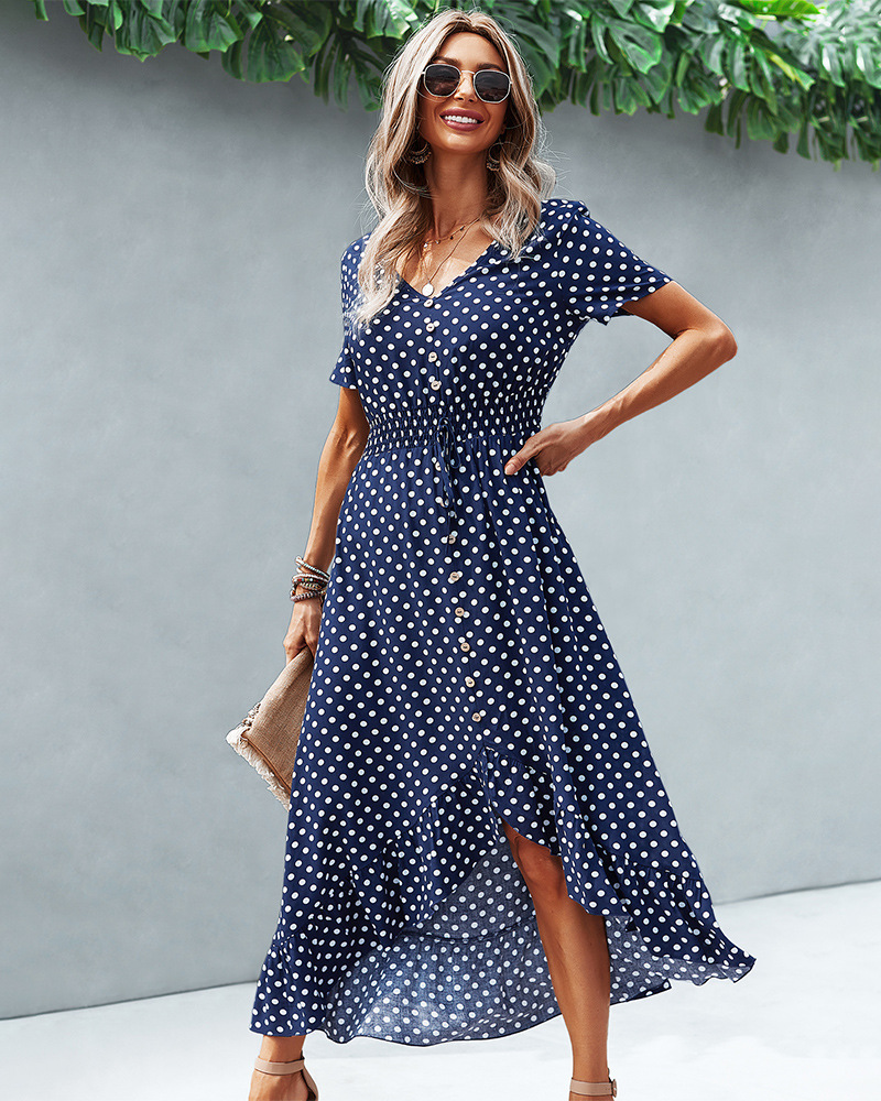 Short-Sleeved V-Neck Polka Dot Single-Breasted Dress NSDY100682