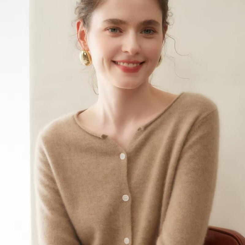 山羊绒针织卷边领开衫女式2025秋冬新款圆领简约百搭纯色毛衣外套|undefined