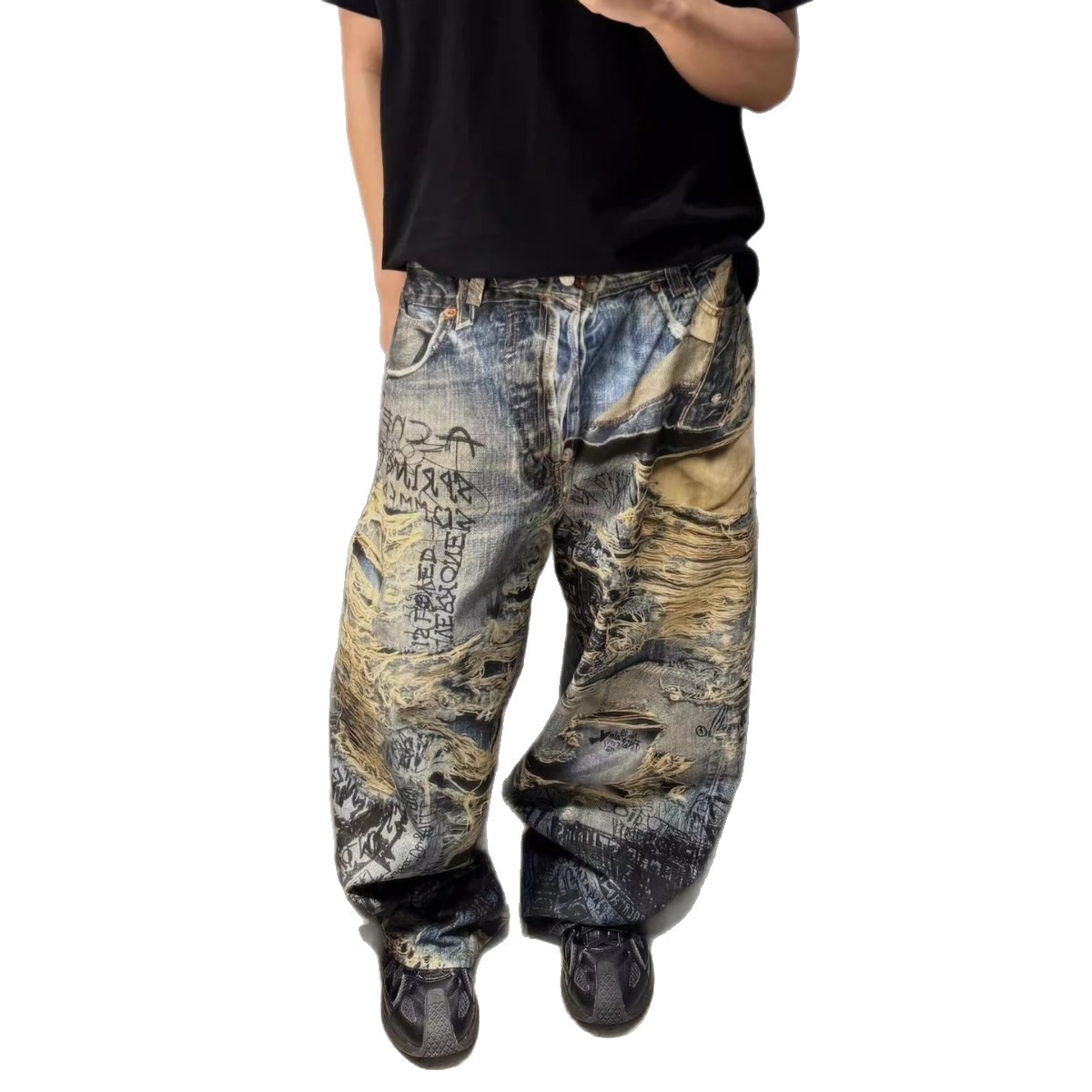Herren-Jeans im Graffiti-Look mit 3D-Digital-Distressed-Effekt, Streetstyle, gerader Schnitt, lockere Passform, weites Bein_voghion.com