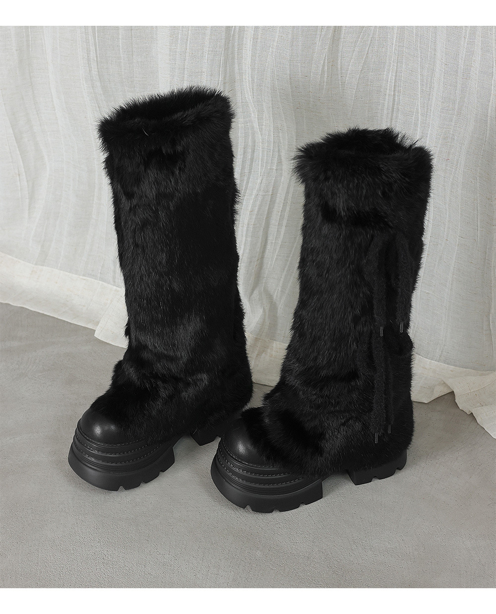 Boot nữ cổ cao lông thỏ ấm áp đế dày buộc dây — Bộ lông màu trắng sữa chi tiết 16