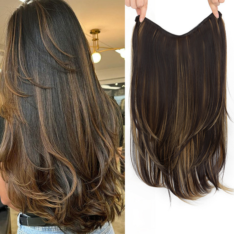 European and American Cross-Border Wig for Women with Long Straight Hair, One-Piece U-Shaped Inner Buckle Hair Extensions, Layered Fluffy Hair Extensions, Curly Hair Extensions