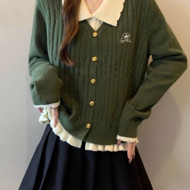 인형 칼라와 어깨 니트 카디건 스웨터 코트 여성의 가을과 겨울 플러스 사이즈 뚱뚱한 가짜 투피스 탑