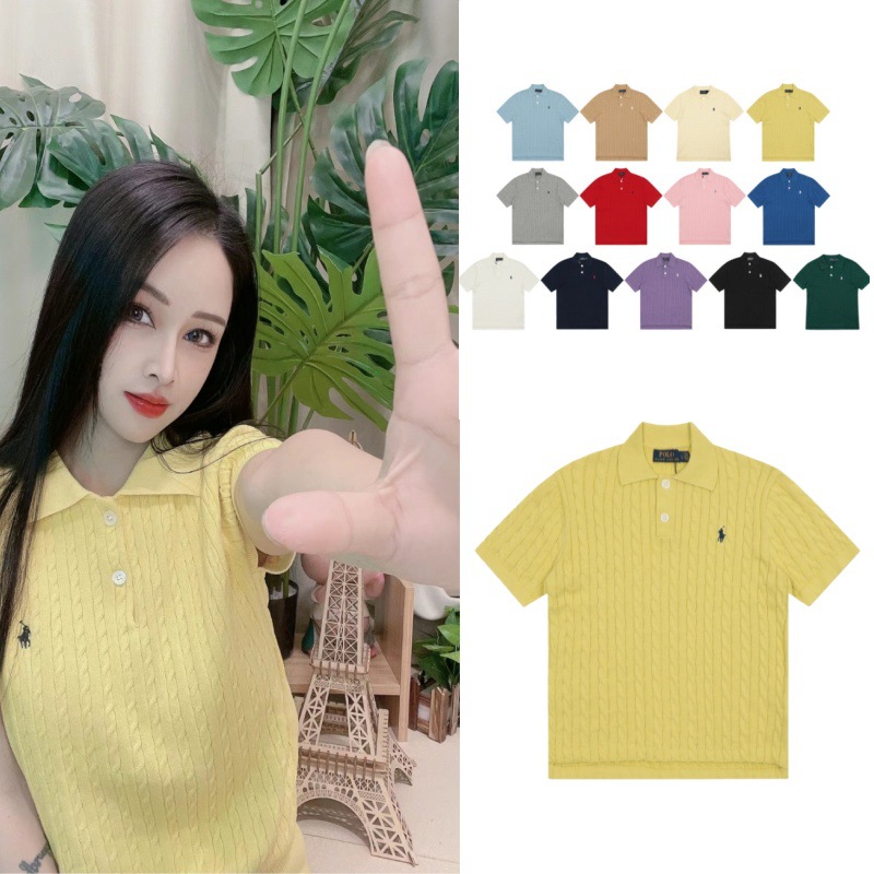Scan-to-read RL classic lapel solid color pony embroidered logo knit short-sleeved two-button cable knit top for women