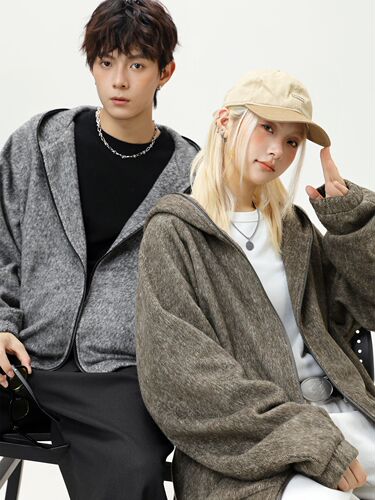 Mohair hooded coat, men's autumn and winter lazy woolen jacket, fashion brand, couples 'loose American retro sweaters q