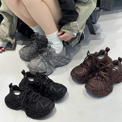 2025新款巴黎满天星水钻厚底老爹鞋女绑带款安可拉红新款休闲鞋子