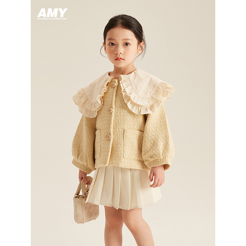 Amybaby女童外套2024新款儿童春秋季韩版洋气小香风娃娃领针织上
