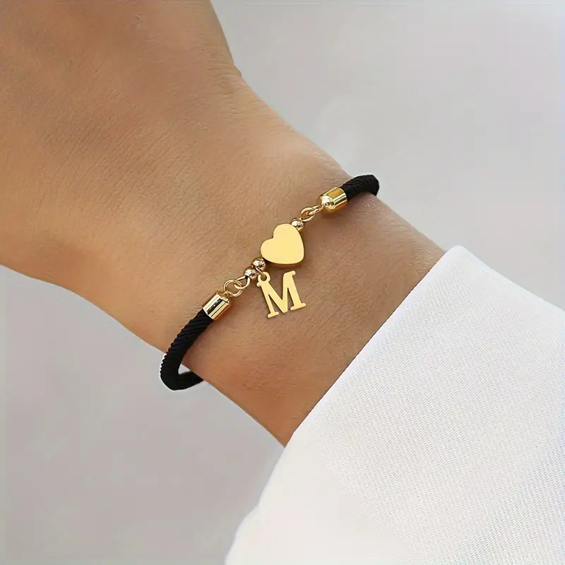 One Piece Classic A- Z Initial Letter Love Heart Bracelet Women Simpel Adjustable Black Cord Bracelet Women Jewelry