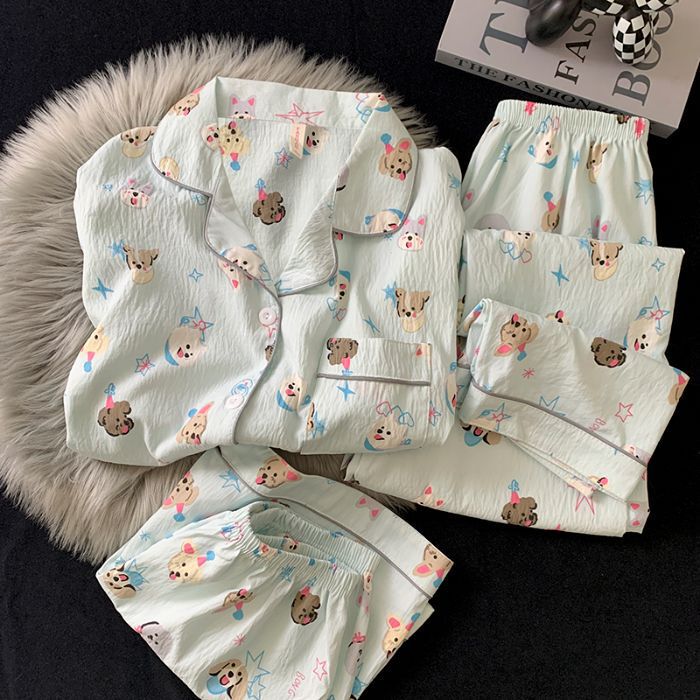 Cross-Border Cloud Cotton Pajamas Women's Short-Sleeved Shorts Pants Summer Three-Piece Set Ins Cartoon Animal Home Clothes Summer