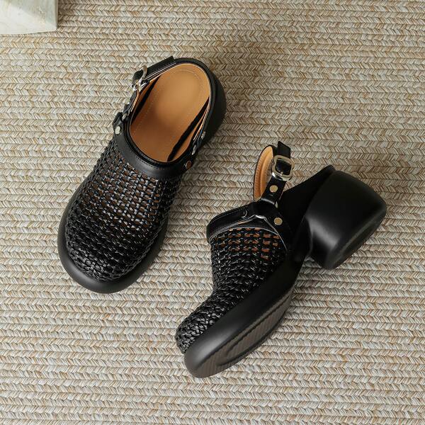 Sandal cao gót nữ mũi hở đế dày gót 6 cm phong cách dệt — đen