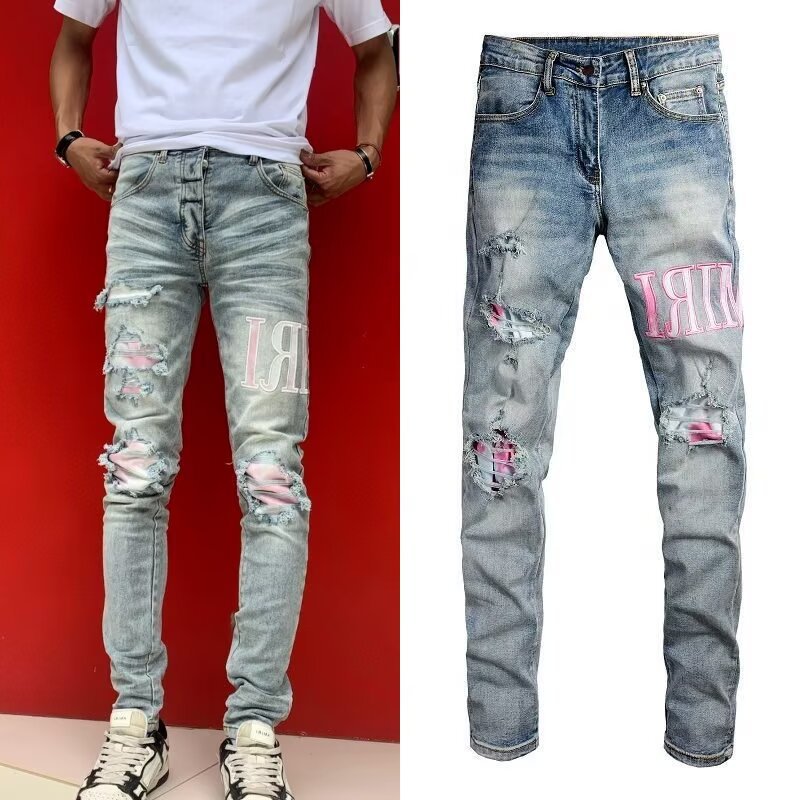 High-Version AM Style Punk Retro Blue Ripped Slim Fit Elastic Print Dye Men's Jeans