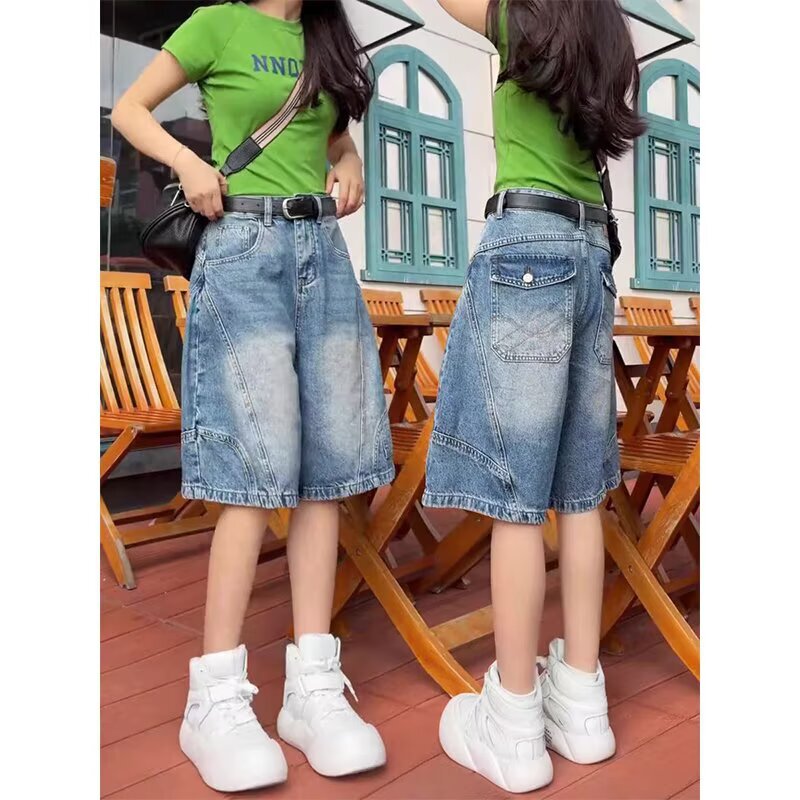 Blue distressed washed denim mid-length pants for women, 2026 summer new style, versatile high-waisted slimming plus-size straight-leg shorts Blue distressed washed denim mid-length pants for women, 2026 summer new style, versatile high-waisted slimming plus-size straight-leg shorts