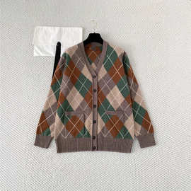 L～P早柜新 精纺山羊绒羊毛复古菱形格毛衣女