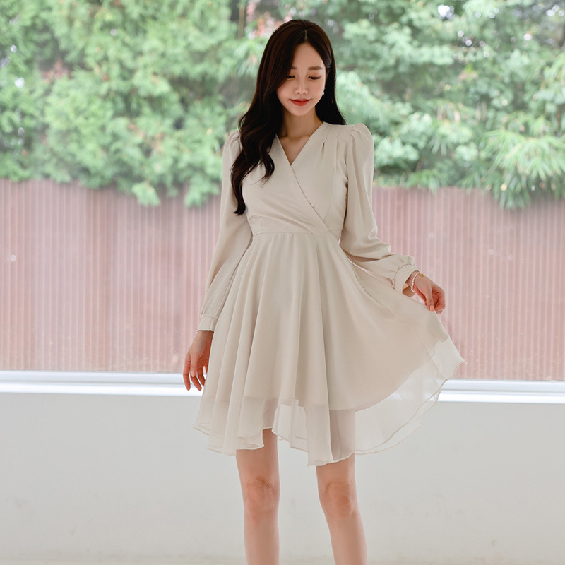 跨境春夏新款韩版简约时尚气质甜美X型长袖V领雪纺纯色连衣裙