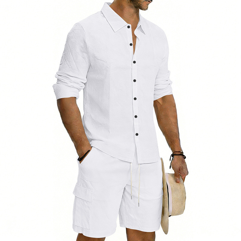 Summer Men's Linen Long Sleeved Shirt Casual Loose Fit Style With Multi Pockets Cargo Shorts Set_viptrois.com