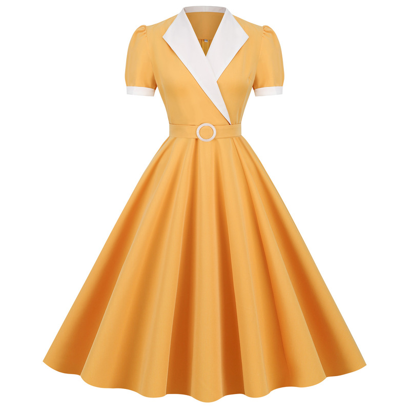 Cross-Border Hepburn Style Retro Contrasting Lapel Diagonal Stand-Up Collar Lace-Up Short-Sleeved Bridesmaid Dress Photo Dress Cross-Border Hepburn Style Retro Contrasting Lapel Diagonal Stand-Up Collar Lace-Up Short-Sleeved Bridesmaid Dress Photo Dress