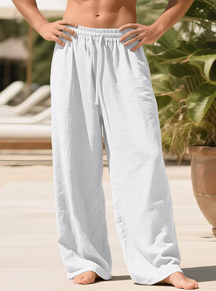 2026 Cross-Border Men's Loose New Style Linen Casual Wide-Leg Pants Beach Casual Straight-Leg Pants Linen Material