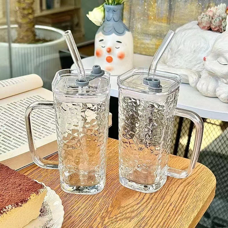 透明带把手玻璃水杯高颜值女夏季果汁饮料杯条纹带盖吸管杯子|undefined