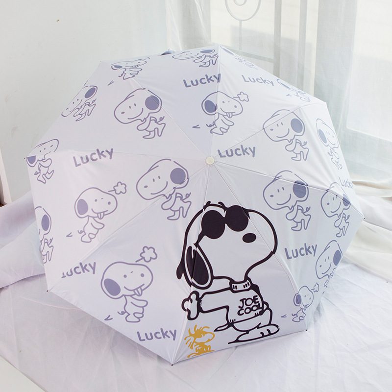 Black and White Snoopy Automatic Sun Umbrella Sunny Umbrella Folding Black Rubber Sun Protection UV Protection Three-fold Umbrella