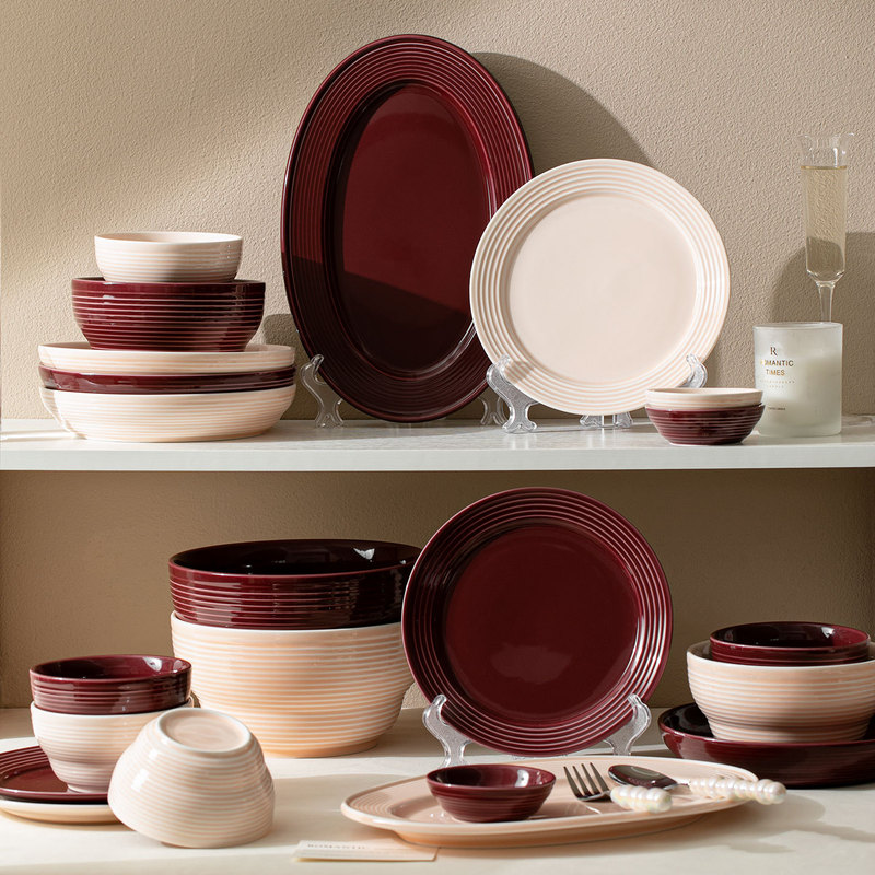 Simple Threaded Tableware Set Bowls, Plates, Soup Bowls, Dishes, Ceramic Creative Home Housewarming Bowls, Bowls and Chopsticks