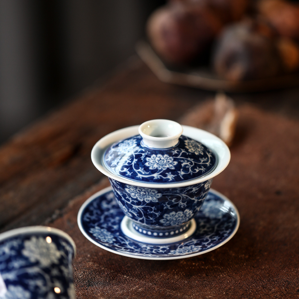 原矿青花景德镇陶人临古仿明宣德手绘青花留白缠枝莲纹盖碗三才杯