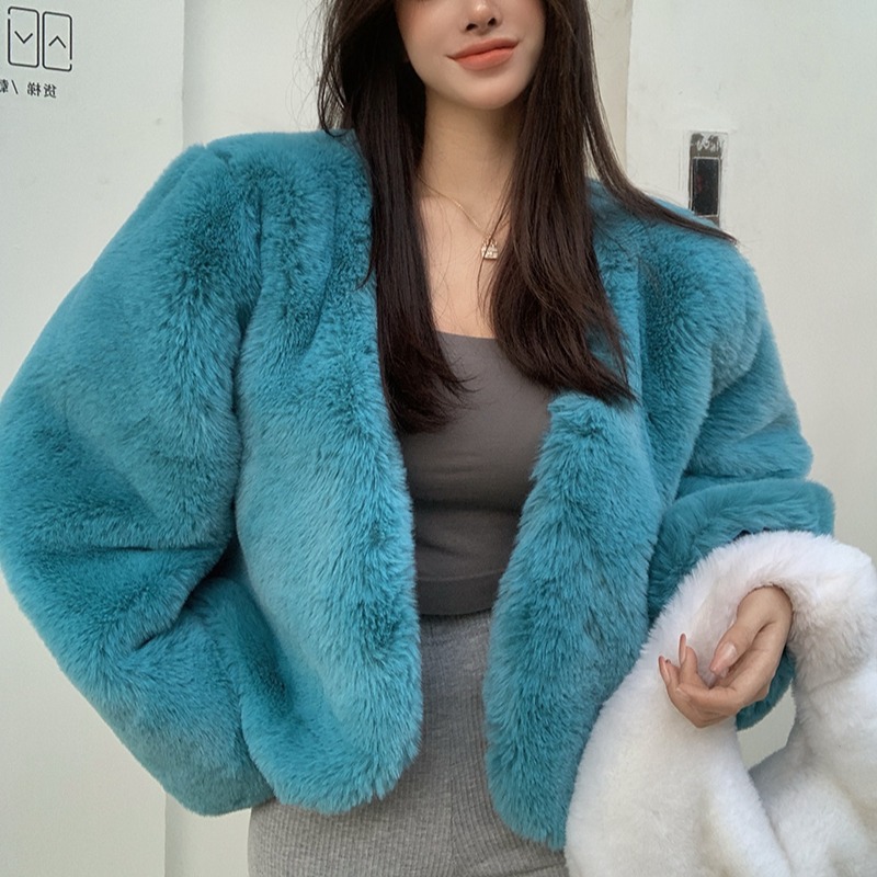 冬季韩版仿濑兔皮环保外套气质上衣高级感小个子短款纯色大衣女