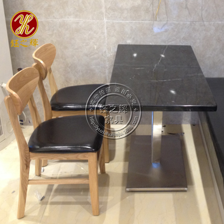 批发V字架大理石桌 四人桌卡座不锈钢餐脚 西餐厅餐桌椅实木椅