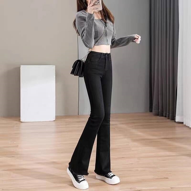 High-Waisted Black Denim Flared Pants for Women, Petite Size, Stretchy, Slimming, Versatile, Trendy Cropped Flared Pants High-Waisted Black Denim Flared Pants for Women, Petite Size, Stretchy, Slimming, Versatile, Trendy Cropped Flared Pants
