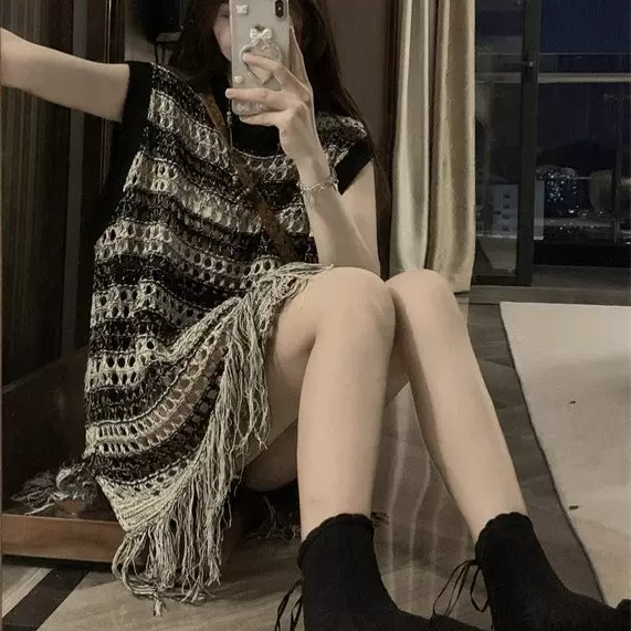 夏季新款撞色条纹中长款流苏上衣小众复古设计感镂空无袖连衣裙