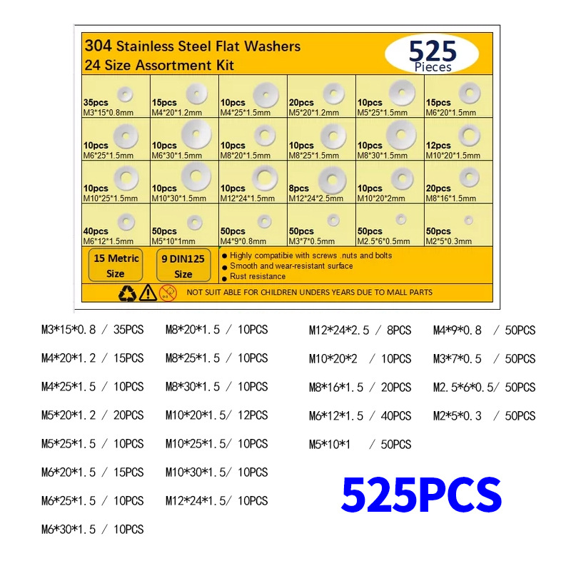 跨境525/470/250pcs不锈钢垫片盒装 304非标平垫圈SAE组合金属垫