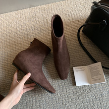 法式复古羊皮短靴女2025秋冬款韩版小方头瘦瘦靴子百搭坡跟及裸靴