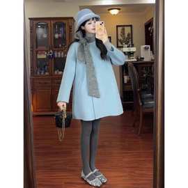 蓝色蝴蝶结毛呢外套女新款冬季高级感小个子中长款呢子大衣小香风