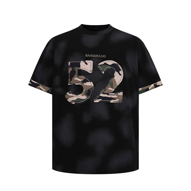 TKPA夏季新款t恤國潮迷彩撞色貼布繡髒髒噴染做舊休閒短袖t恤男女