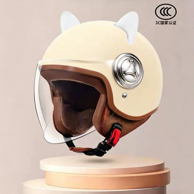 Motosiklet kaskı (dəbilqə) | for autumn and winter, retro motorcycle - 801khaki-transparent-long-mirror-white-ears