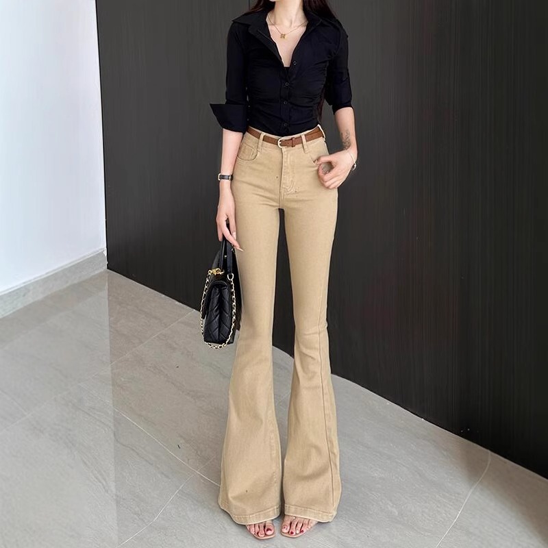 卡其色高腰老钱风微喇牛仔裤女2025夏季新款净版修身显瘦喇叭裤|undefined