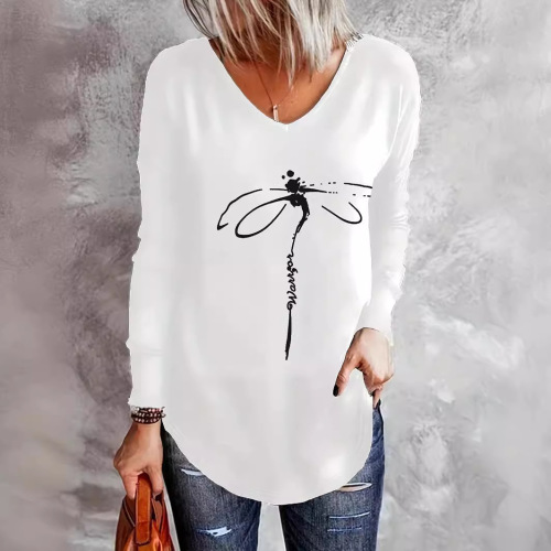 European and American Cross-Border Women's Long-Sleeve T-Shirts, Bamboo Dragonfly Design, Women's V-Neck Tops—Loose Fit, Bestselling for Summer