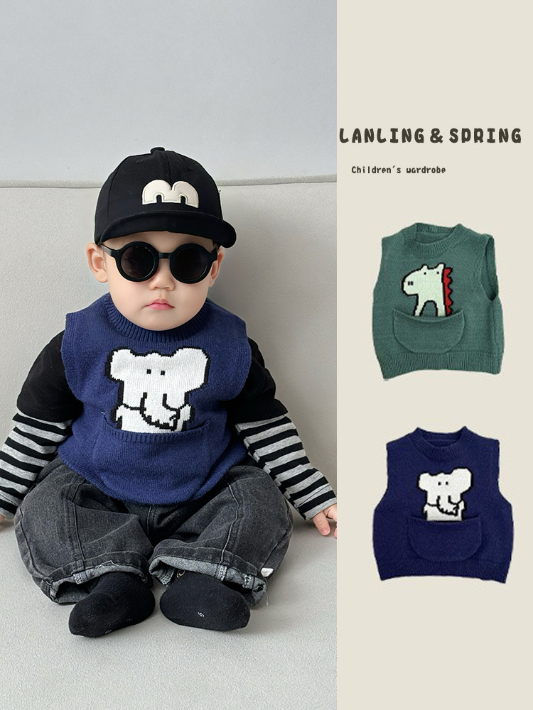 Bebé primavera guapo chaleco nuevo estilo extranjero niño super lindo chaleco de dibujos animados animal vestido de otoño bebé vestido de hombro