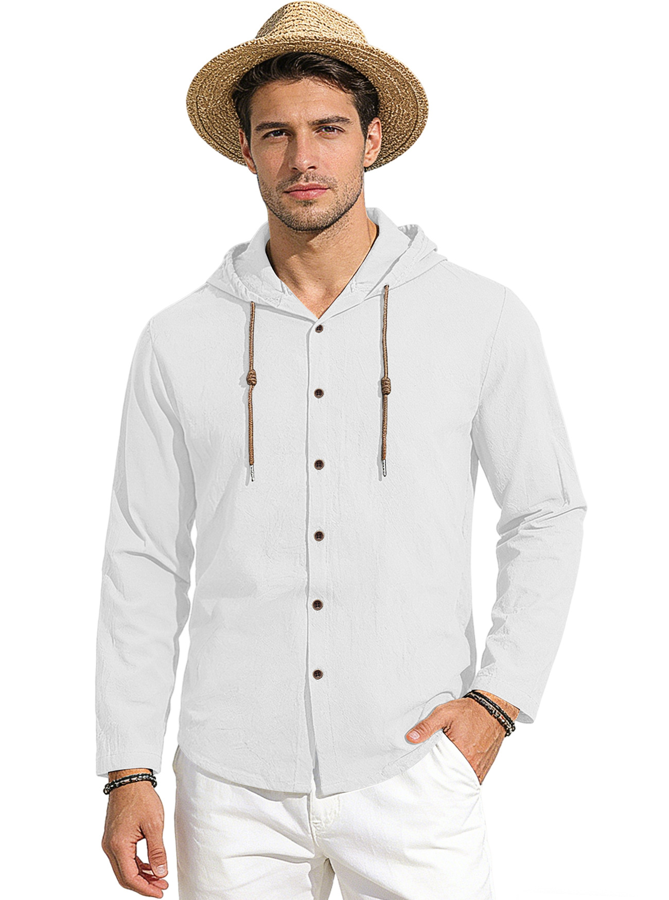 Transfronterizo Amazon nuevo estilo de primavera y verano hombre encapuchado camiseta suelta de algodón puro transpirable camisa casual de manga larga