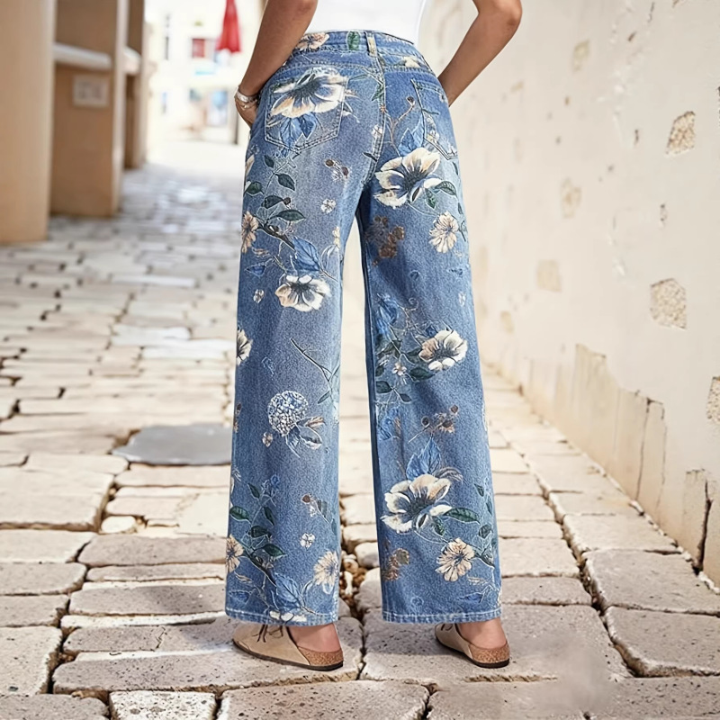 Women's Loose Barrel-Shaped Jeans, Boyfriend Style Mid-Waist Leopard Print Wide-Leg Jeans, Fashionable Loose Fit Women's Loose Barrel-Shaped Jeans, Boyfriend Style Mid-Waist Leopard Print Wide-Leg Jeans, Fashionable Loose Fit