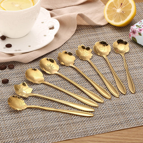 Stainless steel cherry blossom spoon, gift souvenir, Japanese and Korean coffee stirring spoon, golden spoon, creative rose spoon