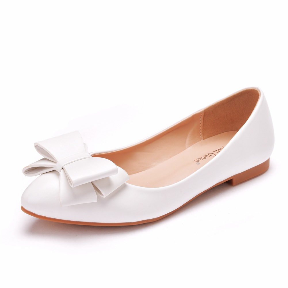 Fashion White Pointed Flat Shoes Women's Work Women's Shoes Bow Women's Shoes Large Size 41-43 Bridal Shoes Wedding Shoes